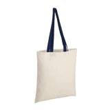 A cotton tote bag in natural cream with navy blue handles, featuring a branding logo.
