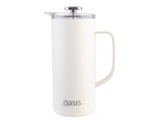 A drink bottle in white with a stainless steel lid and a handle, featuring a logo. 