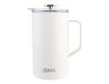 A drink bottle in a sleek white design with a clear lid and a stainless steel plunger. It features a logo on the front.