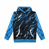 A black and blue active hoodie featuring a lightning bolt design and a front pocket. It has a hood and long sleeves.