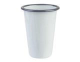 A drink bottle featuring a white enamel finish with a dark rim, 425ml and 8cm in height. It has a logo.