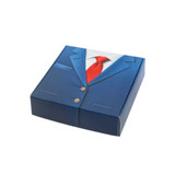 A blue gift box designed to resemble a suit with a red tie, featuring a square window and a logo.
