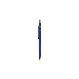 A blue metal ballpoint pen with a silver clip and a logo on the body.