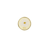 A round pin badge featuring a white daisy design with a gold outline and a yellow centre. The badge has a logo.