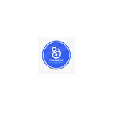 A circular blue sticker featuring a logo and text at the bottom, set against a white background.