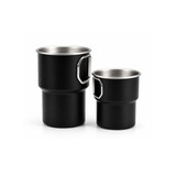 A set of black stainless steel camping mugs with handles, available in two sizes: 280ML and 500ML.