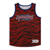 A red and blue youth active tank top featuring a wave pattern and a logo.