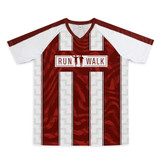 A red and white V-neck t-shirt featuring a striped design and a logo. It has short sleeves and a modern look.