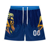 Active shorts in blue with a lion graphic and vertical stripes, featuring a white number 00 and a logo.