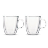 A set of two clear glass double wall mugs with handles. Each mug features a sleek, minimalist design.