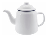 A white enamel teapot with a lid, featuring a blue rim and a spout for pouring. It has a handle and a simple design.