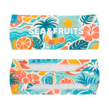 A vibrant polyester spandex sport headband featuring colourful tropical patterns and a logo, with shades of blue, orange, and green.