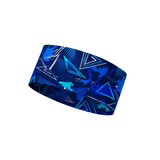 A wide, warm headband in navy blue featuring a modern geometric pattern in various shades of blue and white.