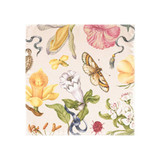 A square scarf featuring a twill weave, adorned with vibrant floral and insect illustrations on a light background.