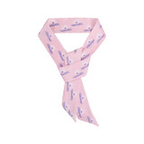 A pink chiffon narrow scarf featuring a repeating pattern and a logo.