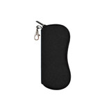 A black neoprene glasses pouch with a zip and a clip attachment. Features a simple, sleek design.