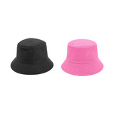 A black and a pink bucket hat with a card pocket, featuring a classic bucket shape and soft fabric.