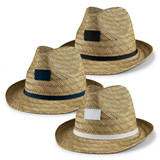 A set of three Panama straw hats in natural straw colour, featuring black, navy, and white bands. Each hat has a logo.