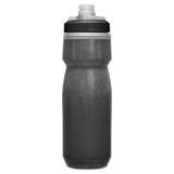 A drink bottle in dark grey with a black cap and a logo, featuring a squeezable design for easy hydration.