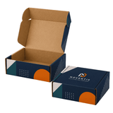 A die-cut packaging box in navy blue and orange, featuring a locking lid and an open and closed position. It has branding.