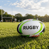 A rugby ball, size 5, in white with green and black accents, placed on a grass field with goalposts in the background.