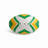 AFL ball featuring a white base with green and yellow chevron patterns and a textured surface. Includes a logo.