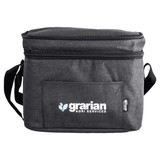 A grey insulated cooler bag with a zip closure and a shoulder strap, featuring a logo on the front.