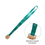 A custom-shaped wooden medal in light wood, attached to a green RPET lanyard with a logo.