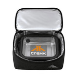 A black insulated lunch bag with a silver interior, featuring a transparent container inside and a logo.