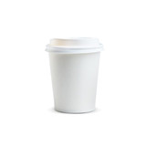 A white paper coffee cup with a lid, designed for hot beverages, and features a logo.