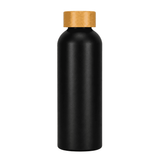 A drink bottle made of recycled aluminium, featuring a sleek black body and a wooden-style cap.