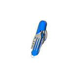 A multi-function camping utensil in blue, featuring a fork, knife, and additional tools in a compact design.