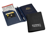 A navy and black passport wallet featuring multiple card slots, a pen, and an Australian passport. It includes branding.