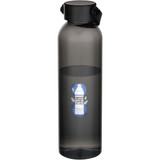 A drink bottle made from recycled plastic, featuring a sleek, matte grey design and a black screw-top lid.