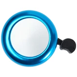 A blue bicycle bell with a shiny metallic finish and a black lever for ringing. It features a branding logo.