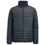 A padded jacket in dark grey with a zip front and high collar. Features horizontal quilting and a branding logo.