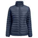 A navy blue women's padded jacket with a zip front and high collar, featuring horizontal stitching and a logo.