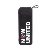 A rectangular black portable speaker with a logo and text. It features a loop for easy carrying.