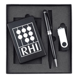 A black gift set containing a power bank, USB, and a pen, all presented in a sleek black box.