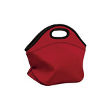 A red neoprene lunch bag with a black trim and handle, featuring a stitched design and a soft, flexible body.