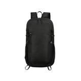 A black packable hiking backpack featuring multiple zippered pockets and mesh side pouches, with a logo on the front.