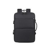 A black expandable travel backpack with multiple compartments and a sleek design, featuring a logo on the front.