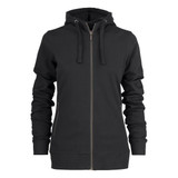A black zip-up hoodie with a drawstring hood and side pockets, featuring a logo.