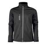 A men's softshell jacket in black with a zippered front and a chest pocket, featuring a logo.