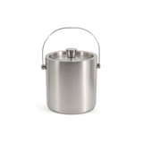 A stainless steel ice bucket with a lid and a handle. It has a sleek, polished finish.