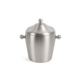 A stainless steel ice bucket with a smooth finish and decorative lid, featuring two rounded handles.