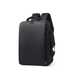 A sleek black travel backpack featuring multiple compartments and a logo on the front. Adjustable straps are visible.