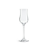 A clear, elegant tulip wine glass with a slender stem and flared bowl. It features a simple design and has a logo.
