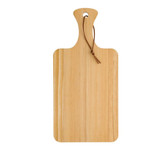 A pinewood cutting board with a handle and leather tie, featuring a natural wood finish.