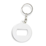 A drink bottle opener key ring in white, featuring a circular design and a silver metal key ring attachment.